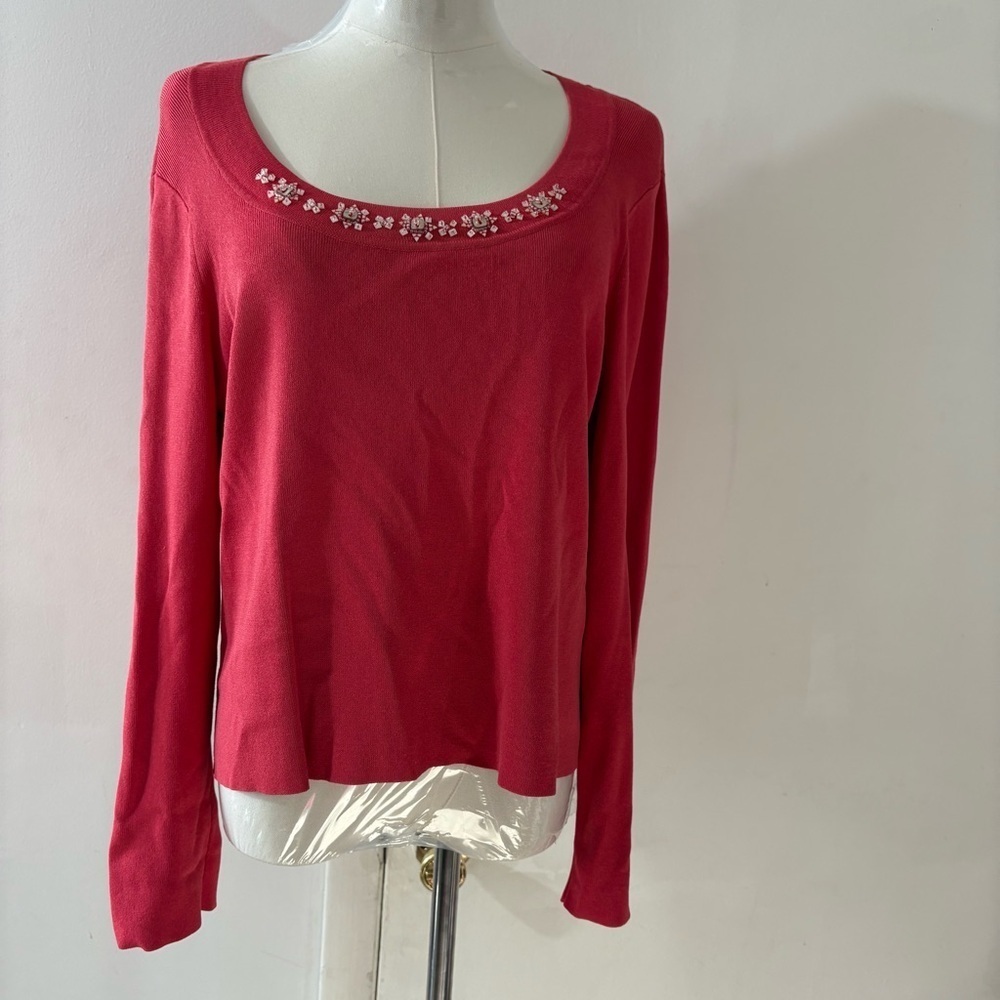 Sigrid Olsen Embellished Womens L Blouse Coral Red Sequins Spring Easter Coastal